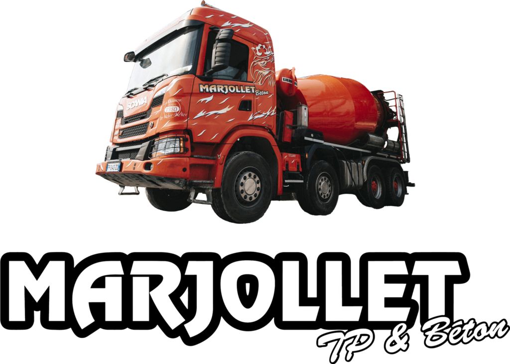 Logo avec camion rouge MArjollet TP et Béton